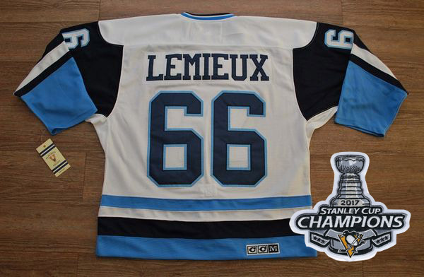 Penguins #66 Mario Lemieux White/Blue CCM Throwback Stanley Cup Finals Champions Stitched NHL Jersey - Click Image to Close